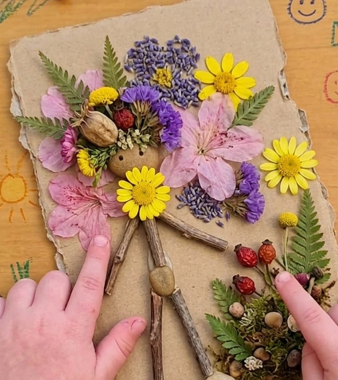 Bonecos de flores e gravetos prensados — técnica do Ateliê Itinerâncias