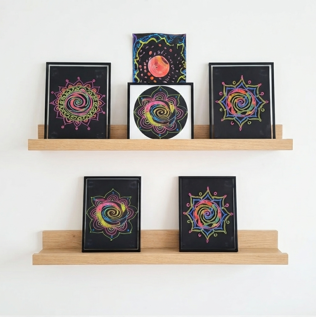 Mandalas de giz sobre preto — técnica do Ateliê Itinerâncias