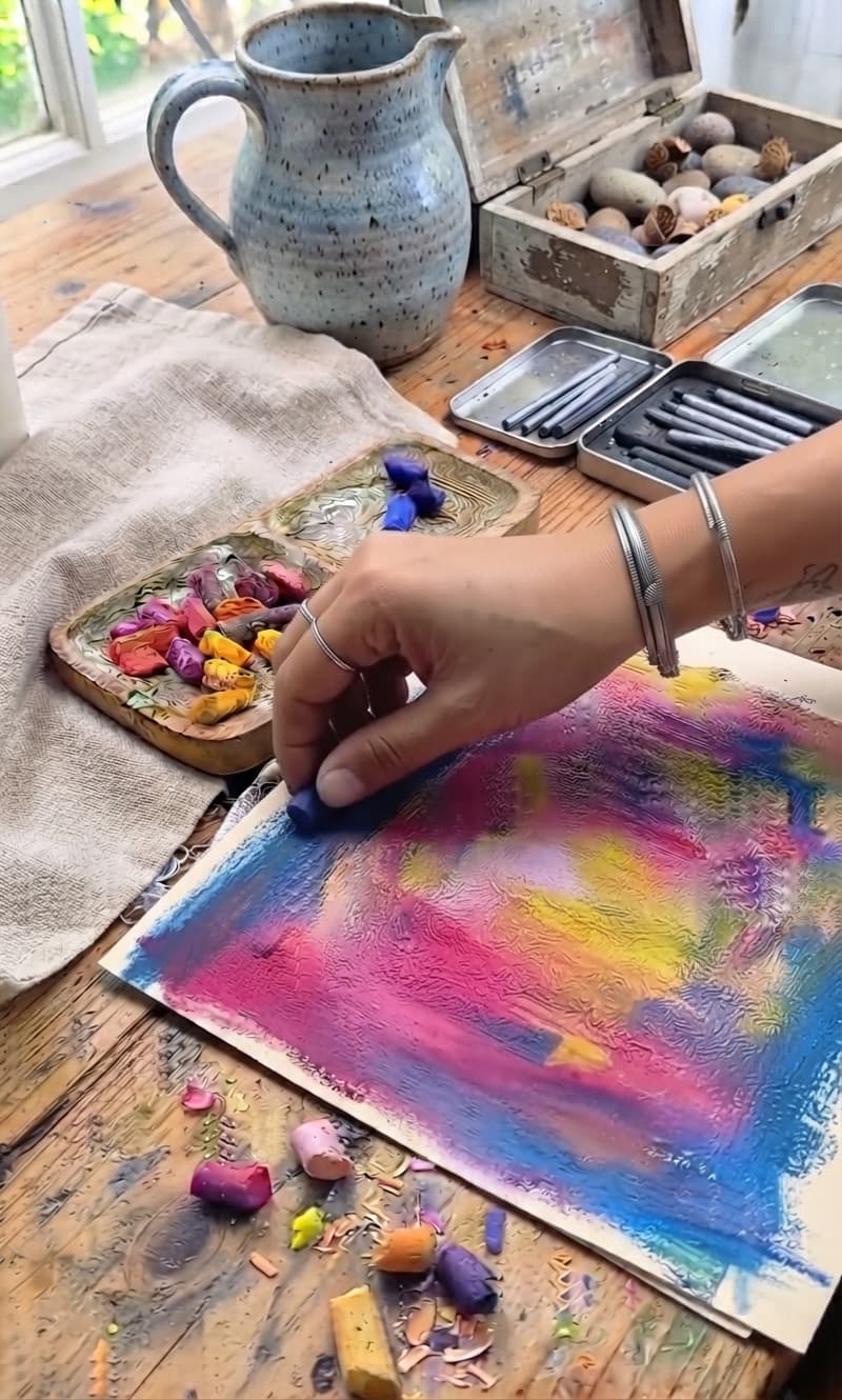 Giz oleoso e texturas de mesa — técnica do Ateliê Itinerâncias