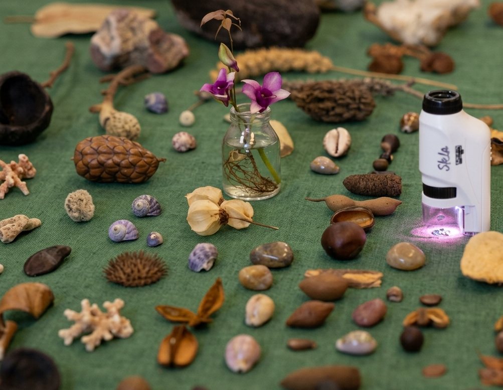 Mesa de achados com lupa e microscópio — técnica do Ateliê Itinerâncias