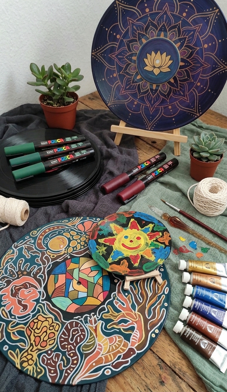 Mandalas em discos de vinil — técnica do Ateliê Itinerâncias