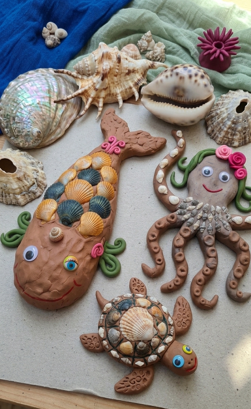 Bichinhos do mar em argila e conchas — técnica do Ateliê Itinerâncias