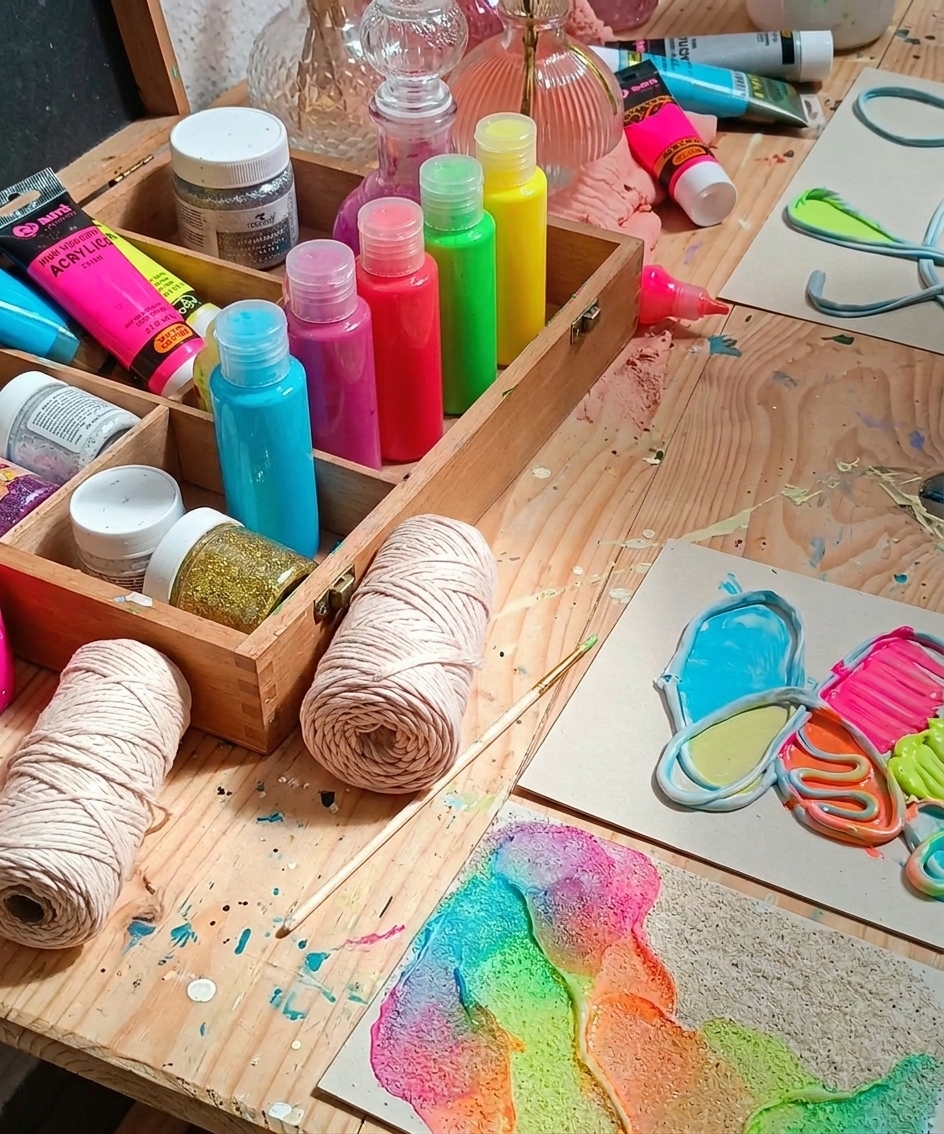 Relevo de tinta neon e barbante — técnica do Ateliê Itinerâncias
