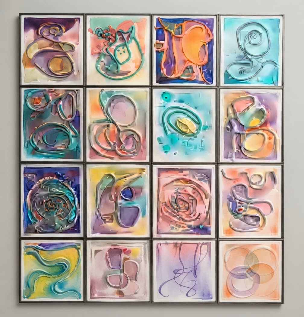 Mural de aquarelas em relevo — técnica do Ateliê Itinerâncias