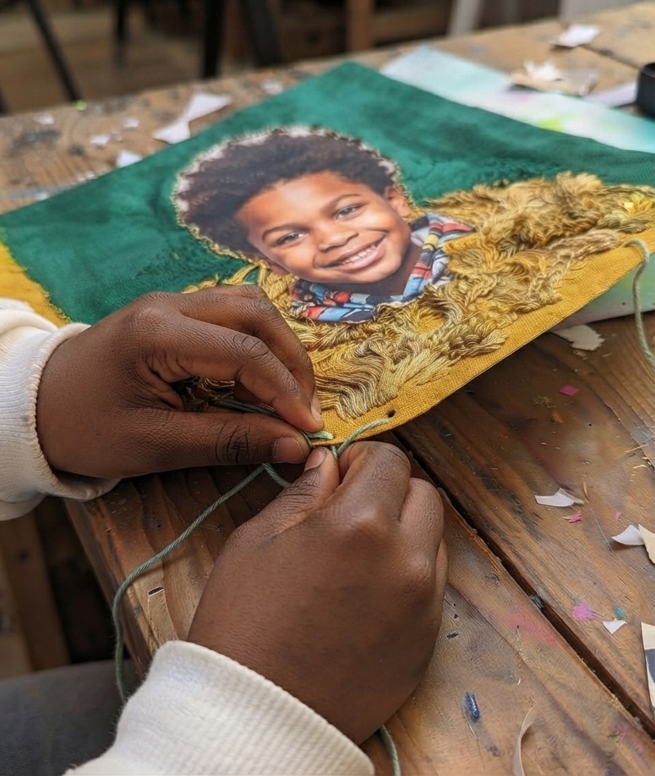 Retrato bordado em tecido — técnica do Ateliê Itinerâncias