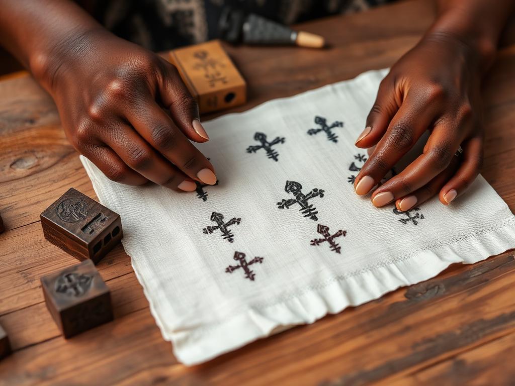 Marcas e identidade (símbolos Adinkra) — técnica do Ateliê Itinerâncias