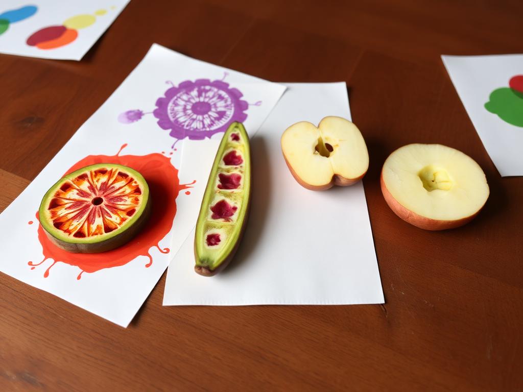 Carimbos de legumes e frutas — técnica do Ateliê Itinerâncias