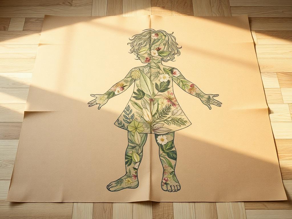 Contorno do corpo com colagem botânica — técnica do Ateliê Itinerâncias