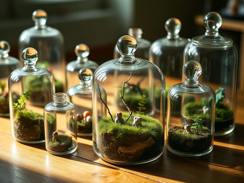 Cúpulas de vidro com micro-cenários — técnica do Ateliê Itinerâncias