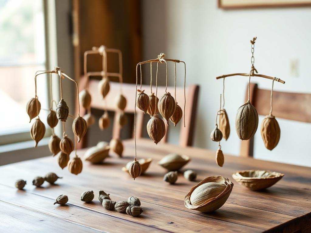 Escultura em frutos e cascas secas — técnica do Ateliê Itinerâncias